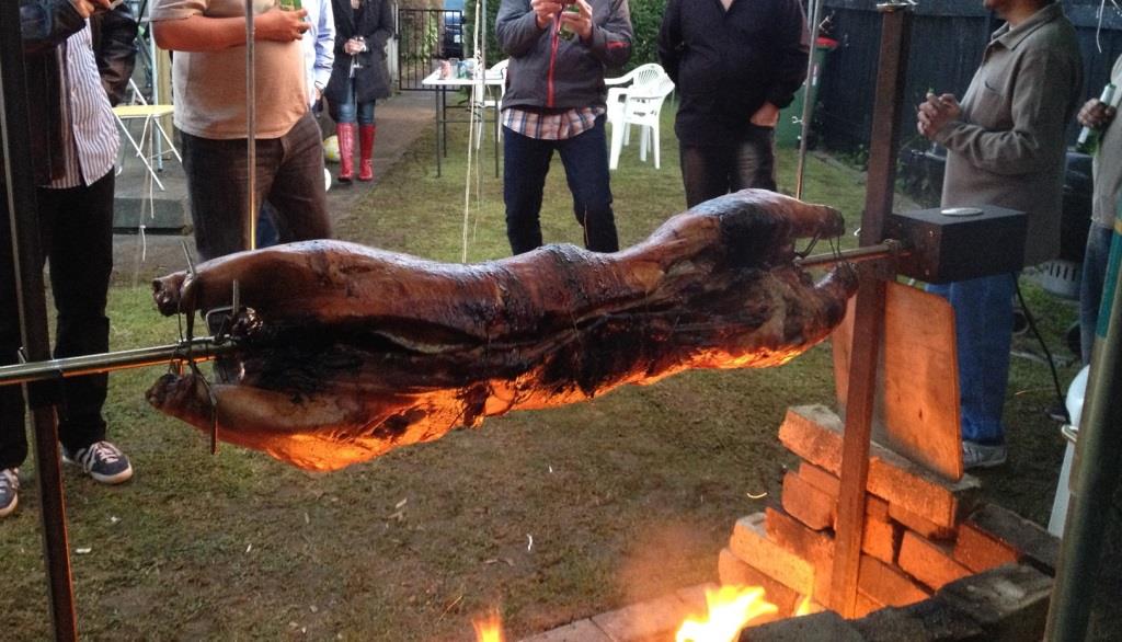 In this image you can see a pig being cooked over and open home made spit roaster